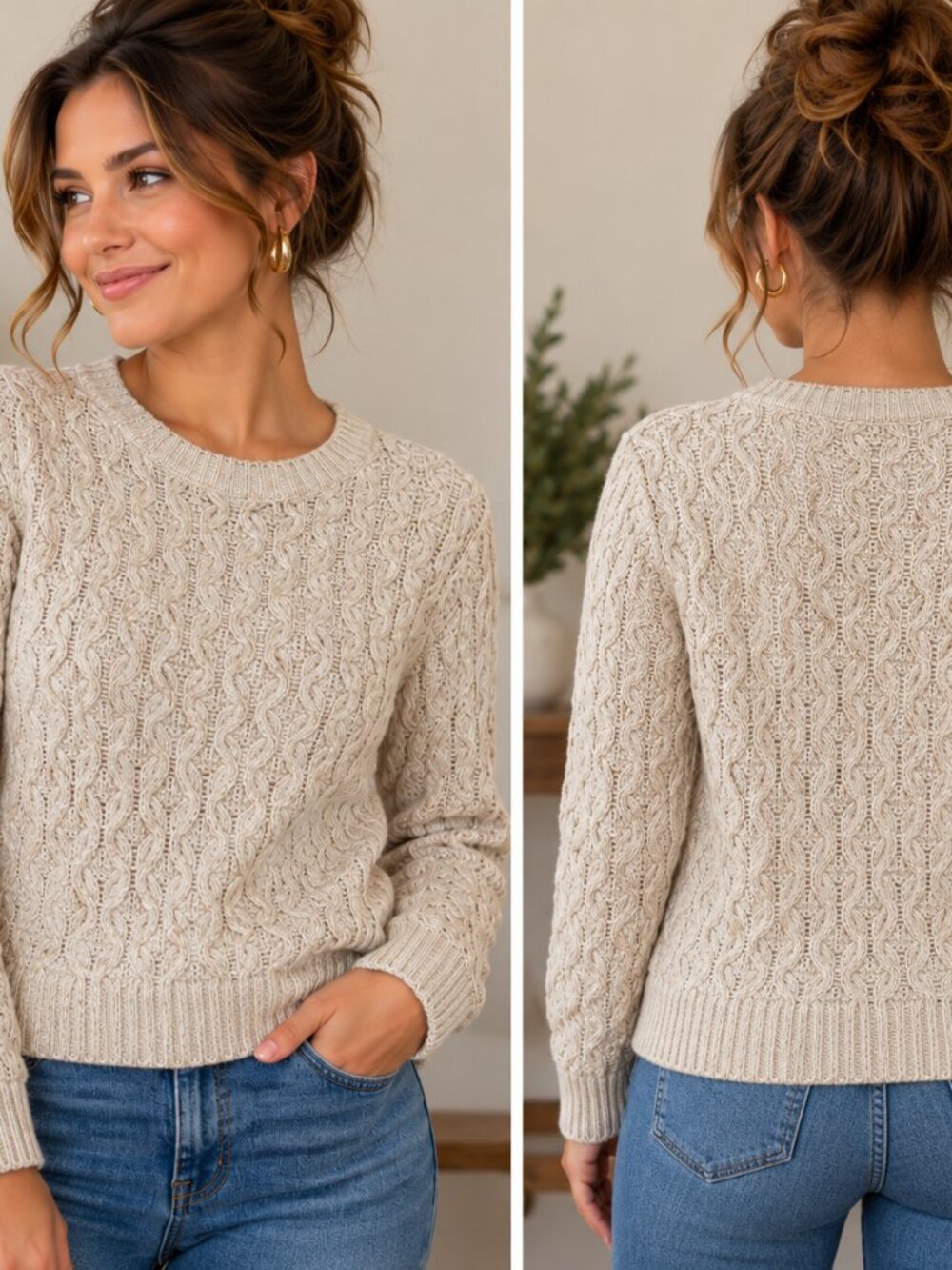 Jeanne Pierre Cream Cable Knit Crewneck Sweater Women’s Cozy Fisherman Knit